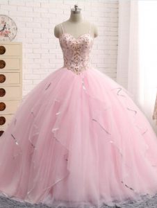 Spectacular Brush Train Ball Gowns Vestidos de Quinceanera Baby Pink Spaghetti Straps Tulle Sleeveless Lace Up