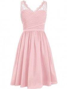 New Arrival Pink Side Zipper V-neck Lace and Ruching Bridesmaid Gown Chiffon Sleeveless