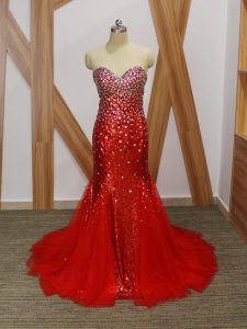 Red Tulle Zipper Prom Evening Gown Sleeveless Floor Length Beading