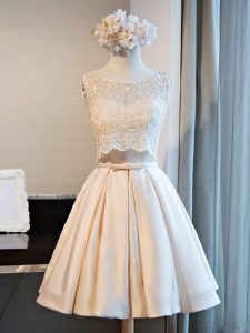 Sexy Mini Length Champagne Prom Dress Satin Sleeveless Lace