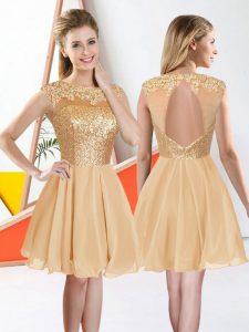 Custom Made Champagne Chiffon Backless Bateau Sleeveless Knee Length Bridesmaid Gown Beading and Lace