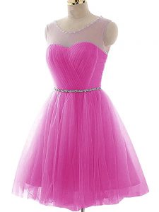 Beading and Ruching Dress for Prom Fuchsia Lace Up Sleeveless Mini Length