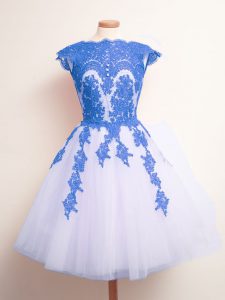 Eye-catching Sleeveless Tulle Knee Length Lace Up Dama Dress for Quinceanera in Blue And White with Appliques