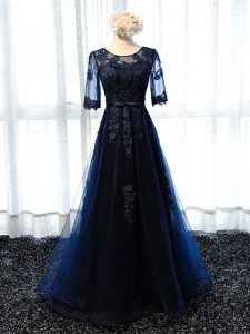 Shining Scoop Half Sleeves Floor Length Lace and Appliques Navy Blue Tulle