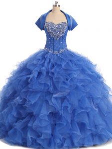 Custom Design Floor Length Blue Ball Gown Prom Dress Strapless Sleeveless Lace Up