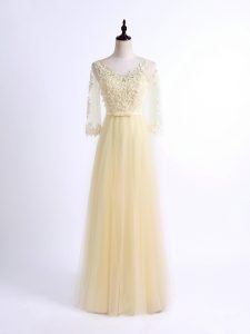 Half Sleeves Lace Up Floor Length Lace Bridesmaid Gown