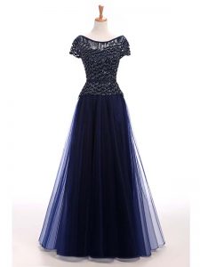 A-line Formal Evening Gowns Navy Blue Scoop Tulle Short Sleeves Floor Length Lace Up