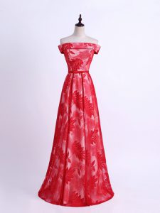 Cute Off The Shoulder Sleeveless Vestidos de Damas Floor Length Pattern Red Printed