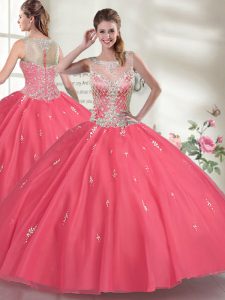 Traditional Scoop Sleeveless 15th Birthday Dress Floor Length Beading Hot Pink Organza
