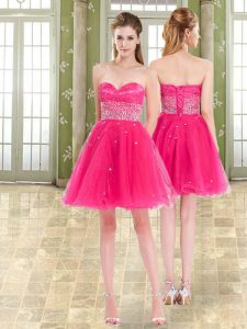 Modern Hot Pink A-line Beading and Ruffles Pageant Dress for Girls Lace Up Tulle Sleeveless Mini Length