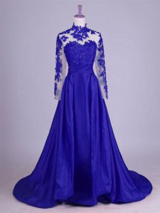 Luxurious Royal Blue Mother Of The Bride Dress High-neck Sleeveless Brush Train Lace Up
