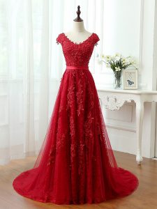 Red Evening Dress Prom and Party with Lace and Appliques V-neck Cap Sleeves Brush Train Lace Up