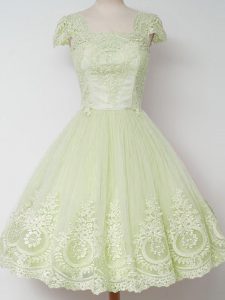 Hot Sale Lace Wedding Guest Dresses Yellow Green Zipper Cap Sleeves Knee Length