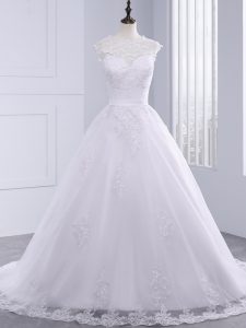 Most Popular Lace Bridal Gown White Clasp Handle Sleeveless Brush Train