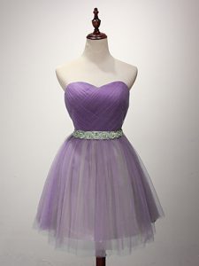 Charming Lavender Tulle Lace Up Sweetheart Sleeveless Mini Length Bridesmaids Dress Ruching