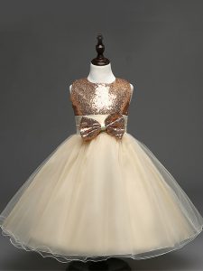 Perfect Champagne Sleeveless Tea Length Sequins and Bowknot Zipper Flower Girl Dress