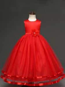 Hand Made Flower Flower Girl Dresses for Less Red Zipper Sleeveless Floor Length