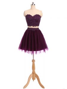 Glorious Mini Length Two Pieces Sleeveless Dark Purple Homecoming Dress Zipper