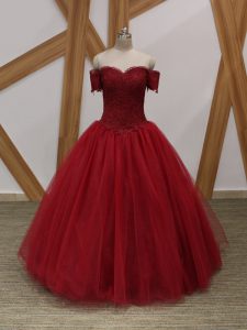 Tulle Off The Shoulder Sleeveless Lace Up Appliques Military Ball Dresses For Women in Wine Red