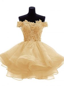 High Quality Gold Off The Shoulder Zipper Lace and Appliques and Ruffles Prom Dress Sleeveless