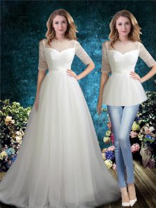 Sophisticated White Wedding Dresses Tulle Brush Train Half Sleeves Beading