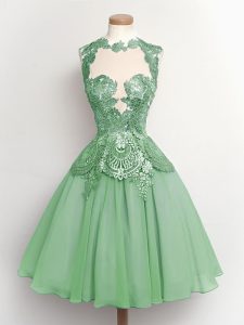 Eye-catching Apple Green A-line High-neck Sleeveless Chiffon Knee Length Lace Up Lace Court Dresses for Sweet 16