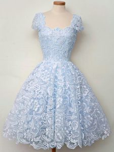 Beauteous Cap Sleeves Lace Knee Length Lace Up Damas Dress in Light Blue with Lace