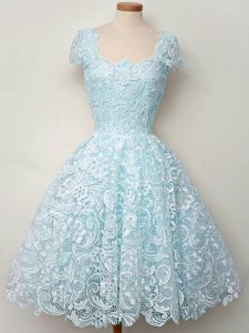 Amazing Aqua Blue Lace Up Straps Lace Bridesmaid Gown Lace Cap Sleeves