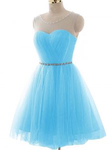 Tulle Sleeveless Mini Length Prom Gown and Beading and Ruching
