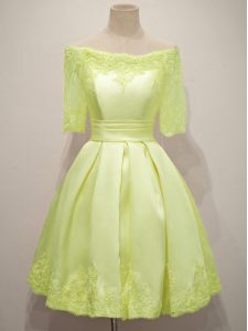 A-line Wedding Party Dress Yellow Off The Shoulder Taffeta Half Sleeves Knee Length Lace Up