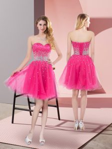 Tulle Sweetheart Sleeveless Lace Up Beading Prom Gown in Hot Pink