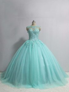 Most Popular Aqua Blue Sleeveless Floor Length Appliques Lace Up Ball Gown Prom Dress