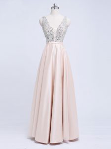Elegant Sleeveless Elastic Woven Satin Floor Length Backless Formal Evening Gowns in Champagne with Beading and Belt