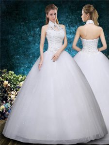Fashionable Floor Length White Wedding Gowns High-neck Sleeveless Lace Up