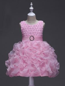 High End Knee Length Rose Pink Girls Pageant Dresses Scoop Sleeveless Lace Up