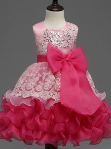 Noble Hot Pink Toddler Flower Girl Dress Wedding Party with Lace and Ruffled Layers and Bowknot Scoop Sleeveless Zipper