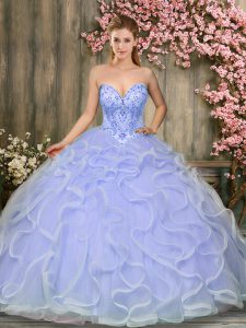 Beautiful Sweetheart Sleeveless Quinceanera Gowns Floor Length Beading and Ruffles Lavender Tulle