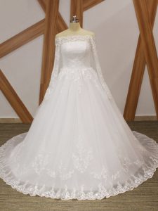Court Train Ball Gowns Wedding Dress White Scalloped Organza Long Sleeves Lace Up