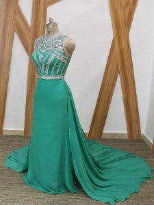 Elegant Turquoise Sleeveless Beading Side Zipper Prom Evening Gown
