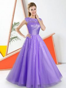 Cheap Sleeveless Floor Length Beading and Lace Backless Bridesmaids Dress with Lavender