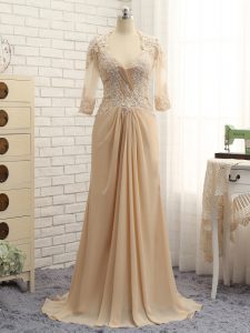Hot Selling V-neck Long Sleeves Chiffon Mother Of The Bride Dress Beading and Lace and Appliques Brush Train Zipper