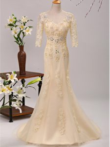 Champagne Empire V-neck 3 4 Length Sleeve Tulle Brush Train Lace Up Beading and Lace and Appliques Mother Of The Bride D