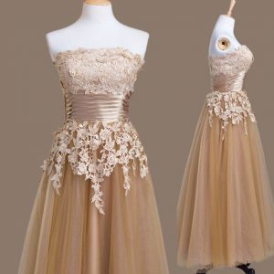 Tea Length Brown Wedding Guest Dresses Tulle Sleeveless Appliques