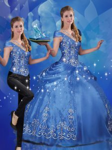 Excellent Blue Lace Up Sweet 16 Quinceanera Dress Beading and Embroidery Cap Sleeves Floor Length