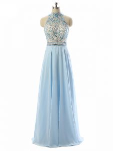 Inexpensive Halter Top Sleeveless Backless Formal Evening Gowns Light Blue Chiffon
