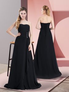 Best Selling Black Chiffon Lace Up Evening Dress Sleeveless Floor Length Beading