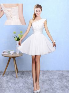 Asymmetric Sleeveless Bridesmaids Dress Knee Length Appliques White Chiffon