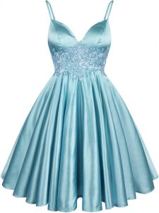Lovely Aqua Blue Elastic Woven Satin Lace Up Spaghetti Straps Sleeveless Knee Length Dama Dress for Quinceanera Lace