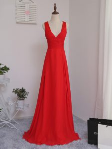 Red Sleeveless Floor Length Ruching Zipper Quinceanera Court of Honor Dress