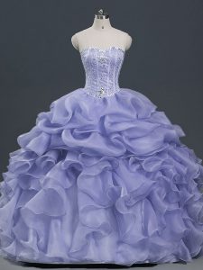 Lavender Organza Lace Up 15th Birthday Dress Sleeveless Floor Length Beading and Ruffles and Pick Ups